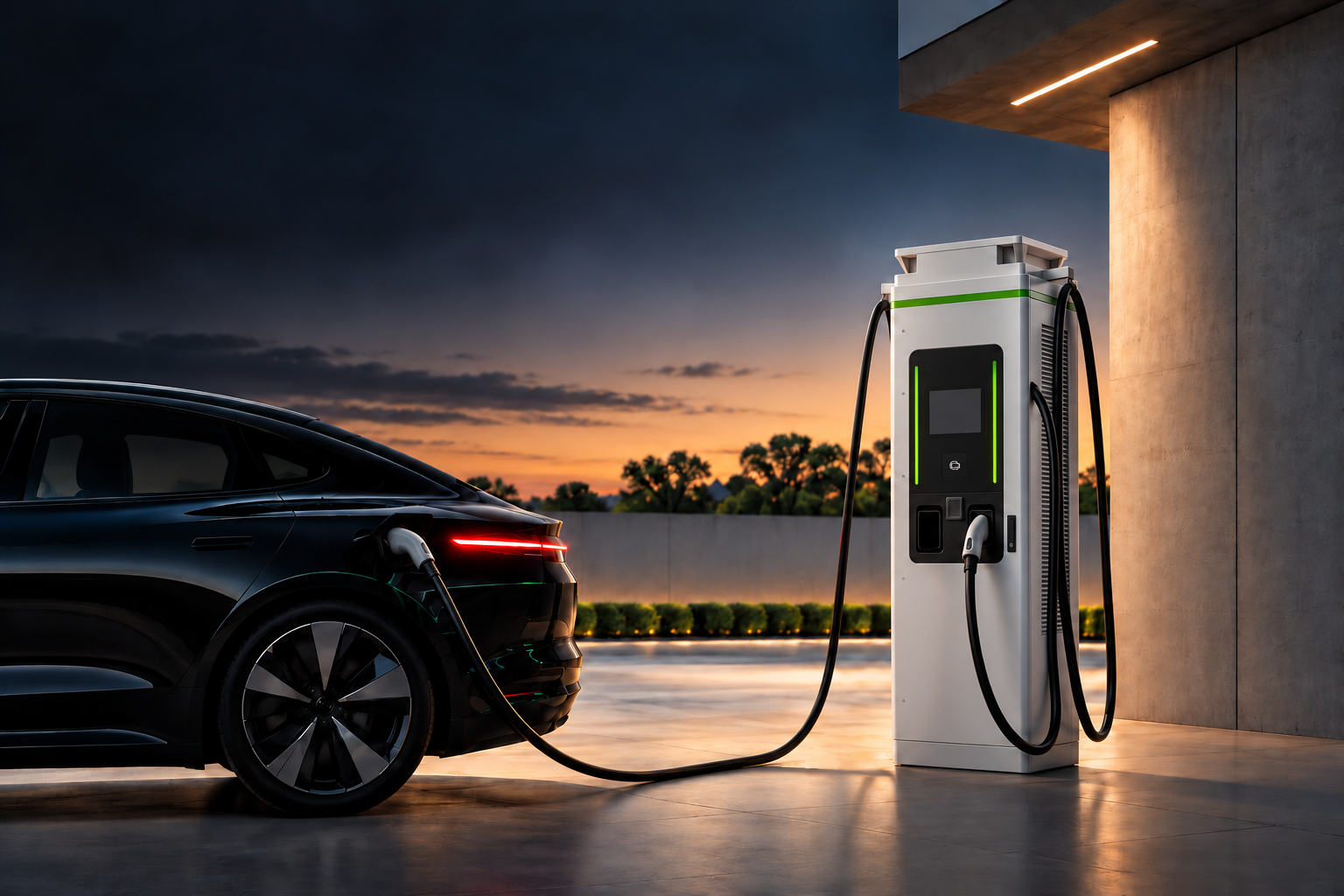 A silver Powercell charger beside a black electric car under a concrete canopy at dusk